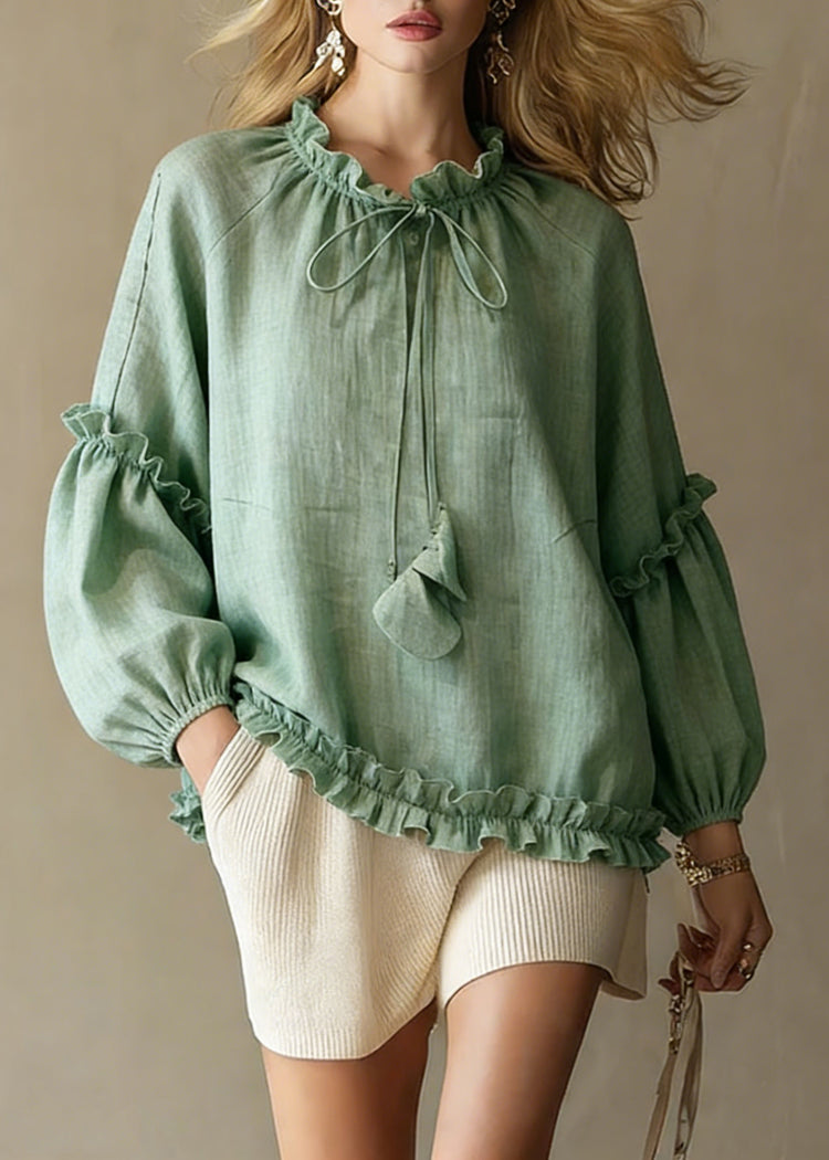 Art Green Ruffled Lace Up Cotton Shirts Spring - Omychic