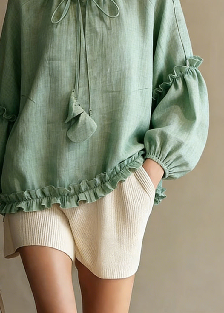 Art Green Ruffled Lace Up Cotton Shirts Spring - Omychic