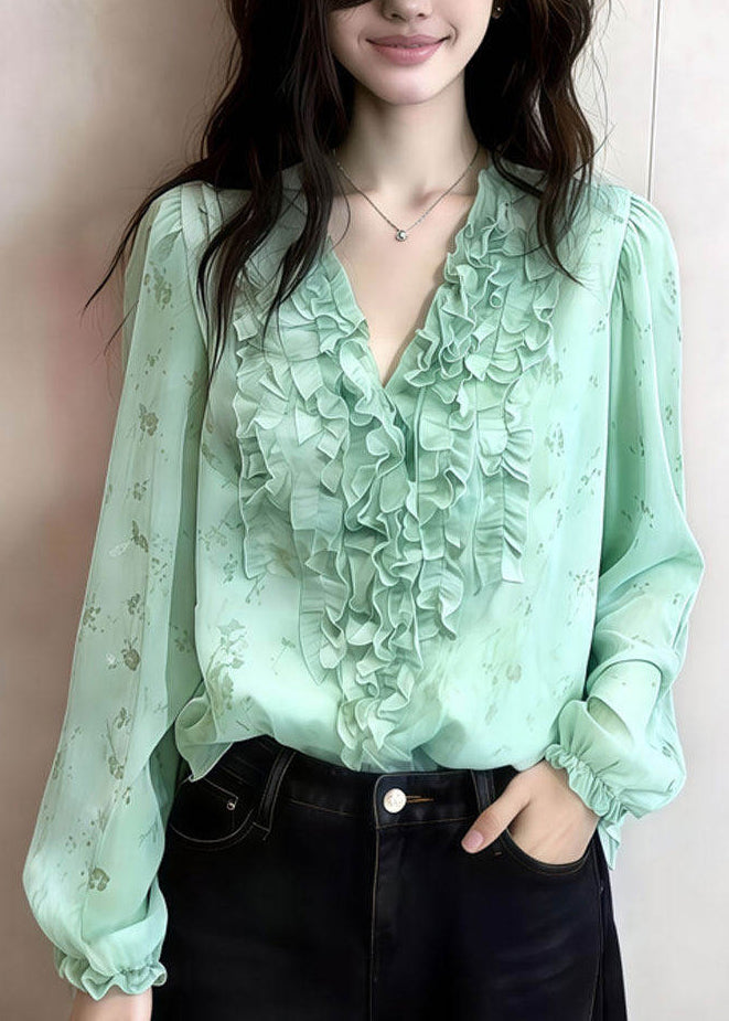 Art Green Ruffled Print Chiffon Blouses Spring