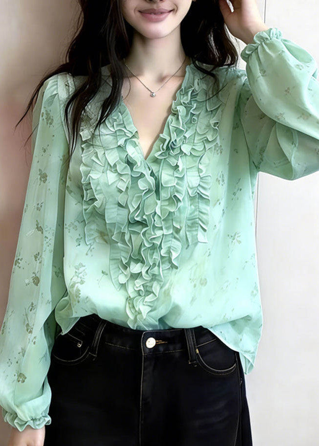 Art Green Ruffled Print Chiffon Blouses Spring