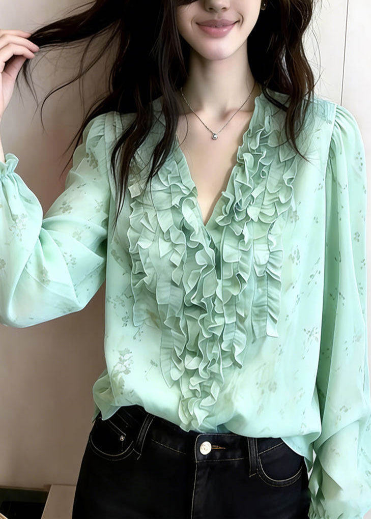 Art Green Ruffled Print Chiffon Blouses Spring