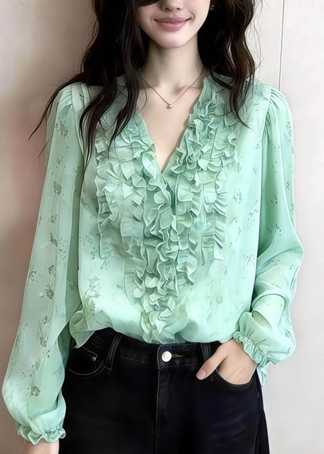 Art Green Ruffled Print Chiffon Blouses Spring