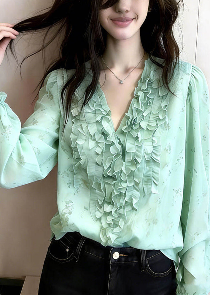 Art Green Ruffled Print Chiffon Blouses Spring