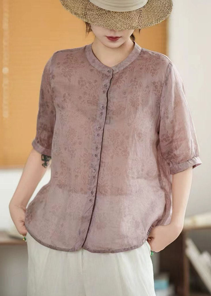 Art Green Single Breasted Print Linen Shirt Half Sleeve