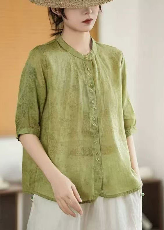 Art Green Single Breasted Print Linen Shirt Half Sleeve