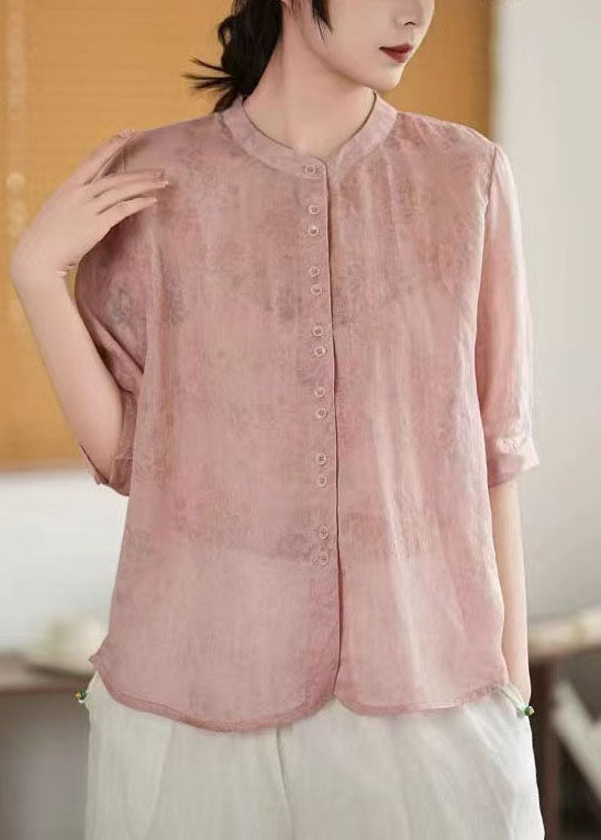 Art Green Single Breasted Print Linen Shirt Half Sleeve