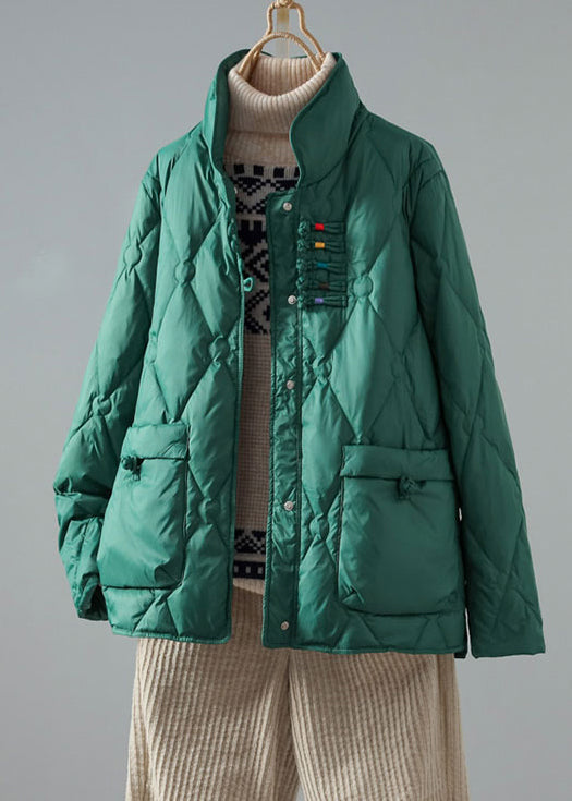 Art Green Stand Collar Chinese Button Pockets Duck Down Puffer Coat Winter