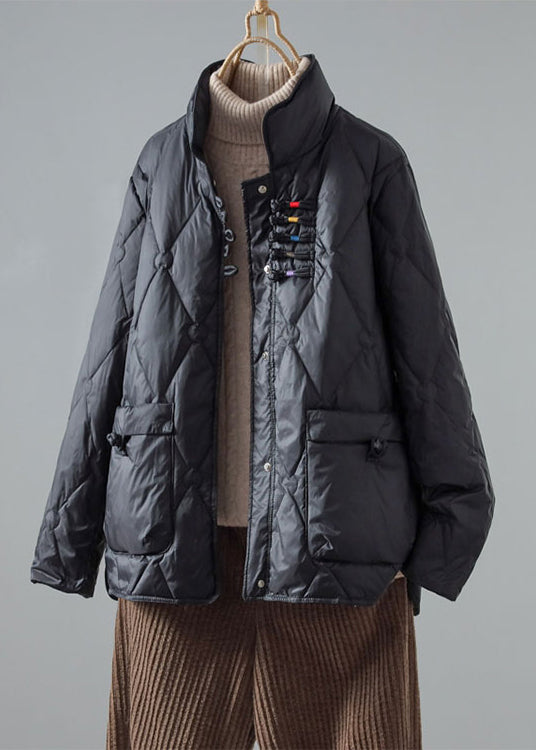 Art Green Stand Collar Chinese Button Pockets Duck Down Puffer Coat Winter