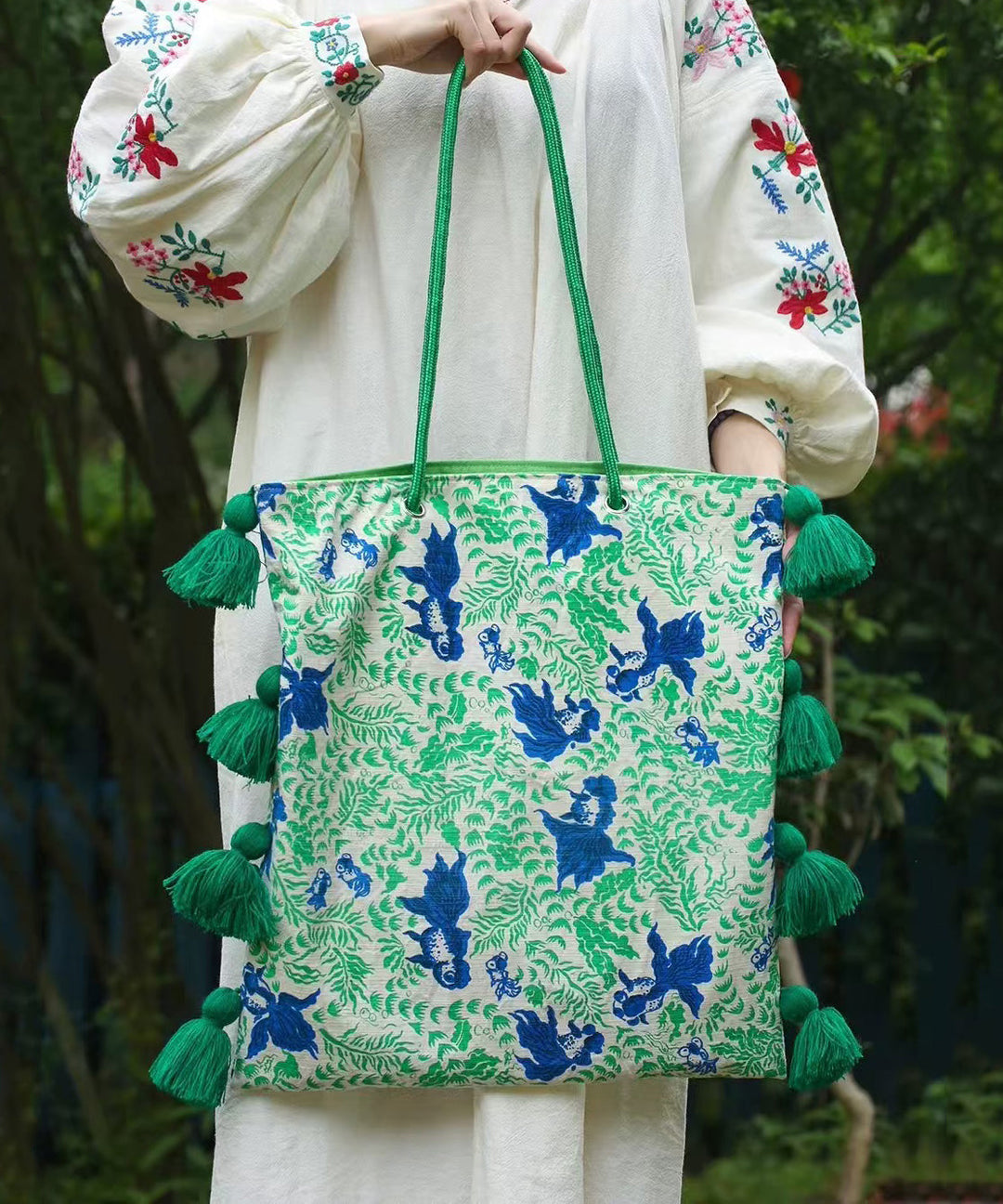 Art Green Tasseled Jacquard Cotton Ethnic Style Women Handbag