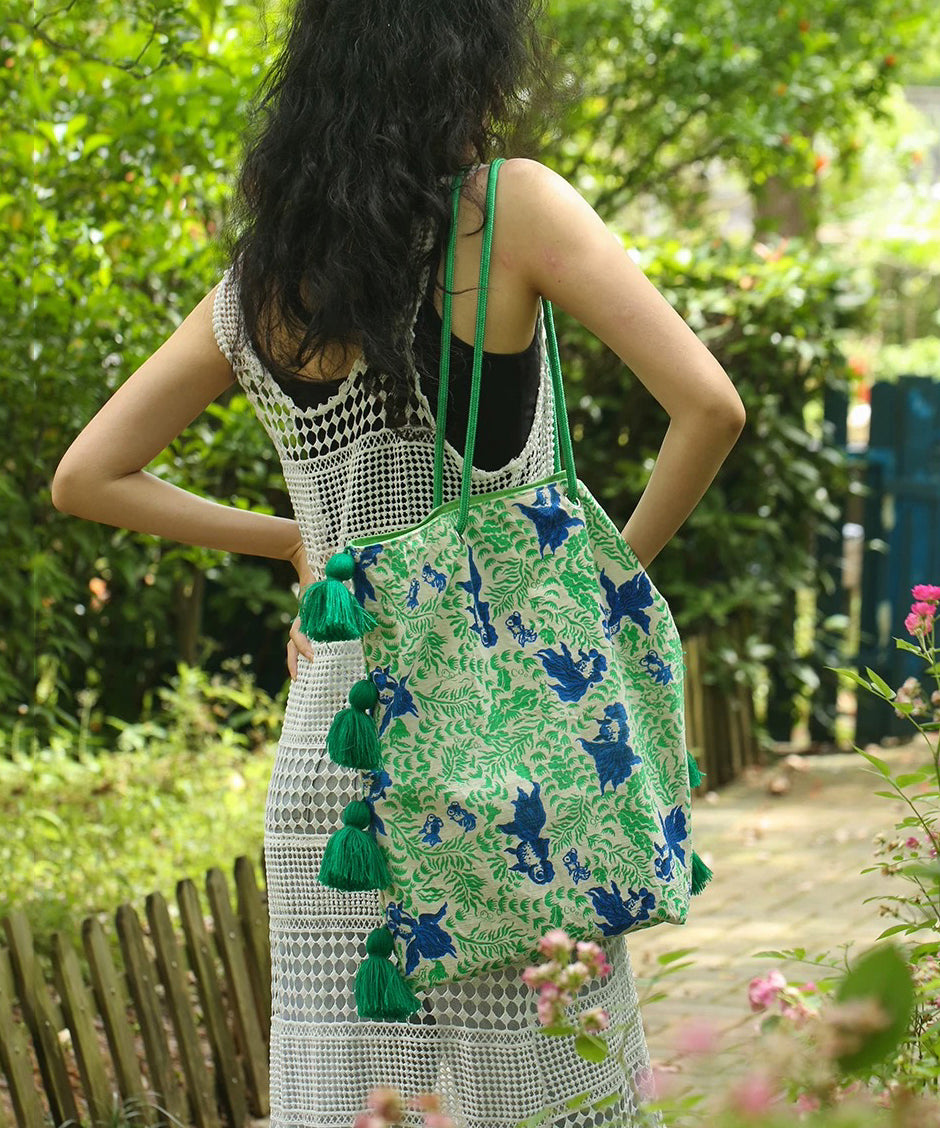 Art Green Tasseled Jacquard Cotton Ethnic Style Women Handbag