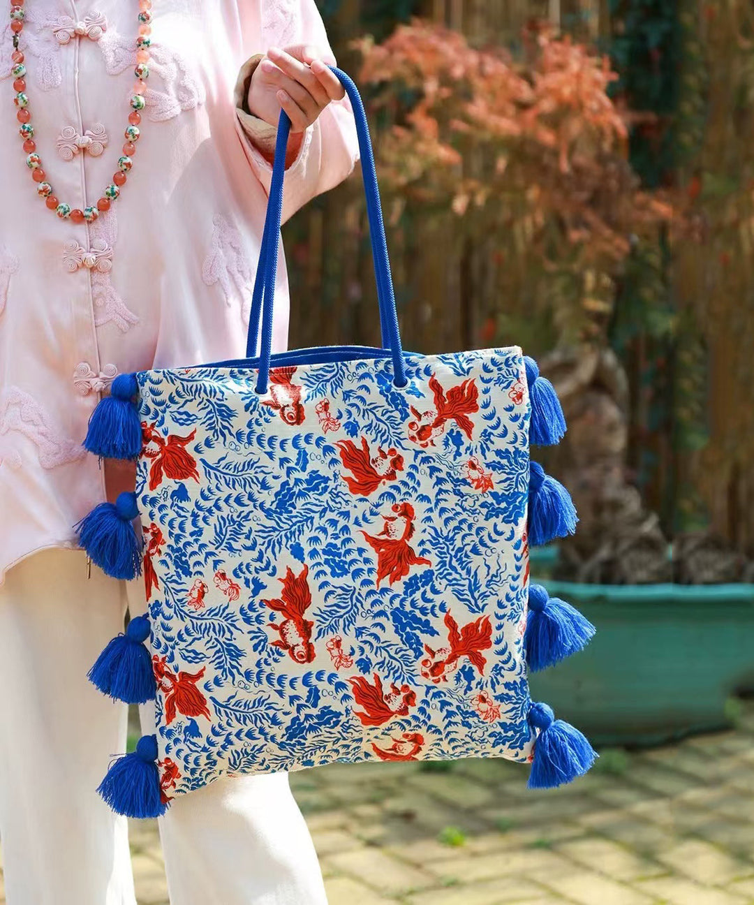 Art Green Tasseled Jacquard Cotton Ethnic Style Women Handbag