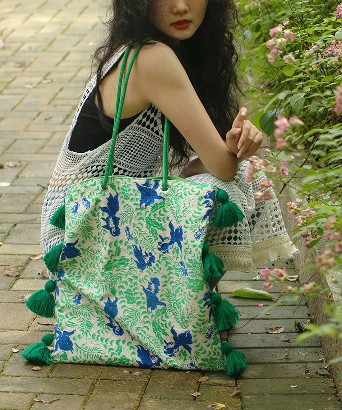 Art Green Tasseled Jacquard Cotton Ethnic Style Women Handbag