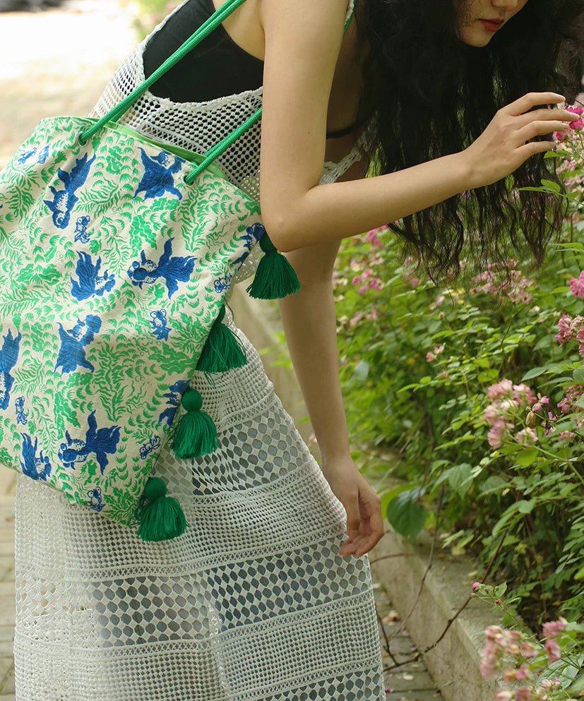 Art Green Tasseled Jacquard Cotton Ethnic Style Women Handbag