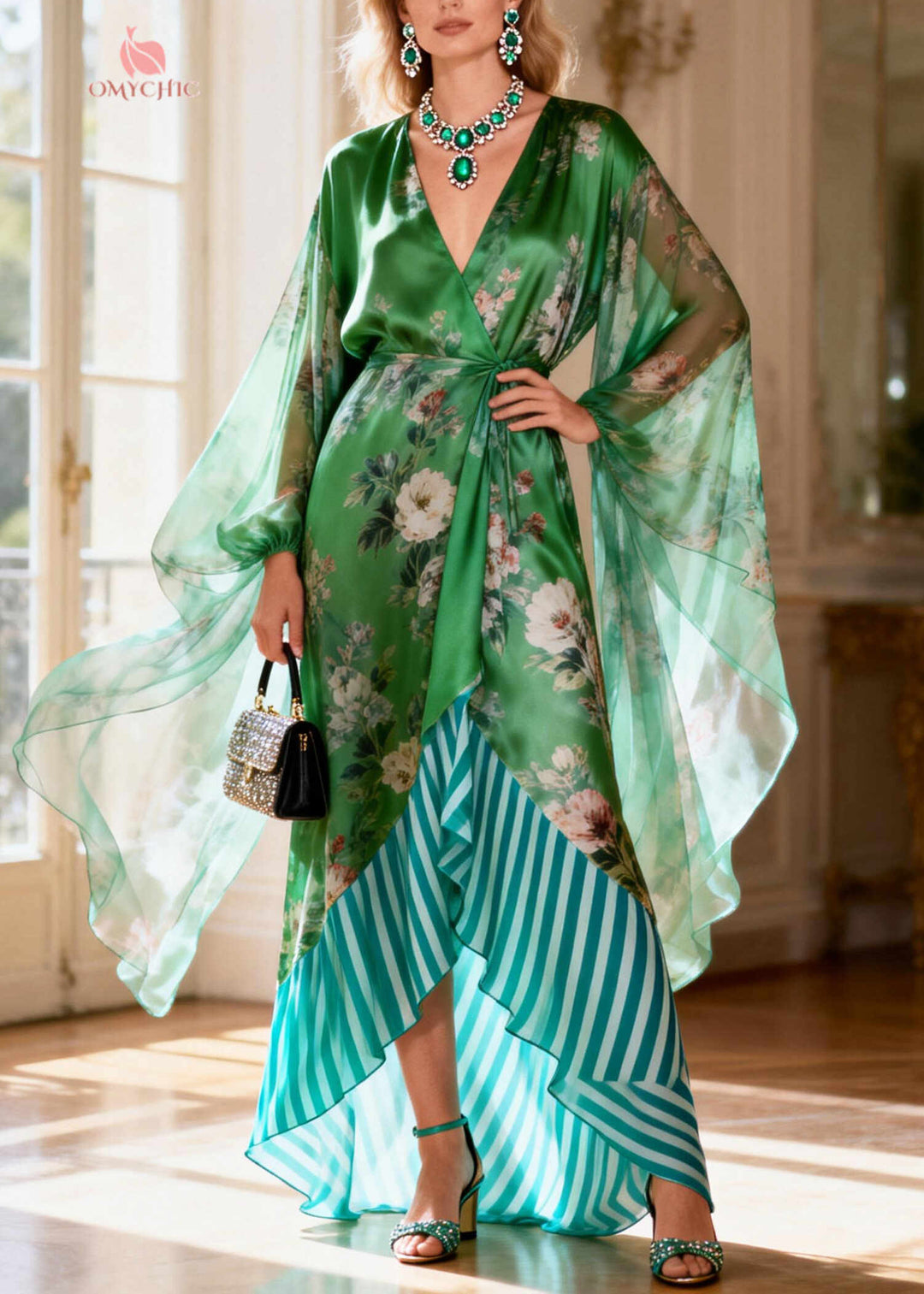 Art Green Tie Waist Patchwork Silk Holiday Dress Summer