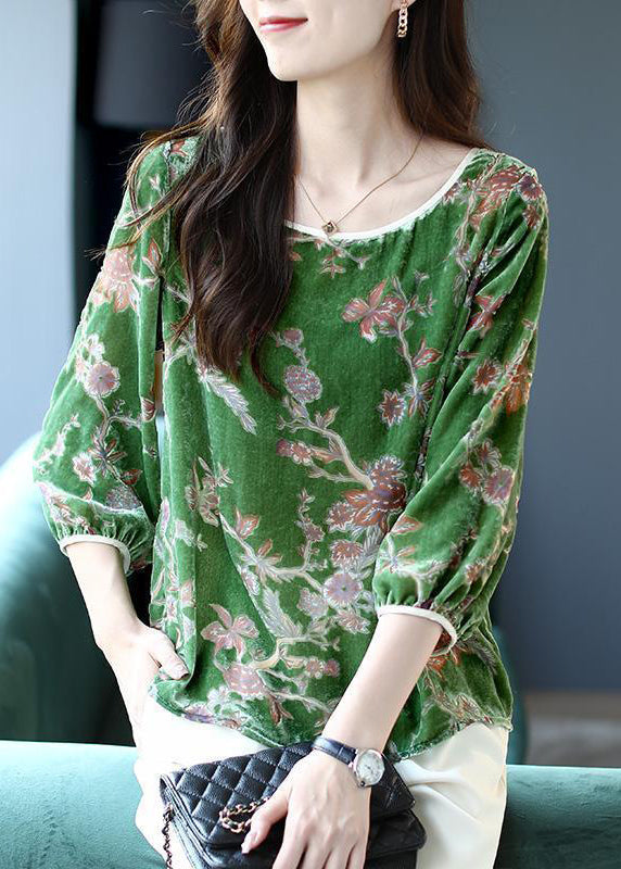 Art Green U Neck Print Silk Velour T Shirts Bracelet Sleeve
