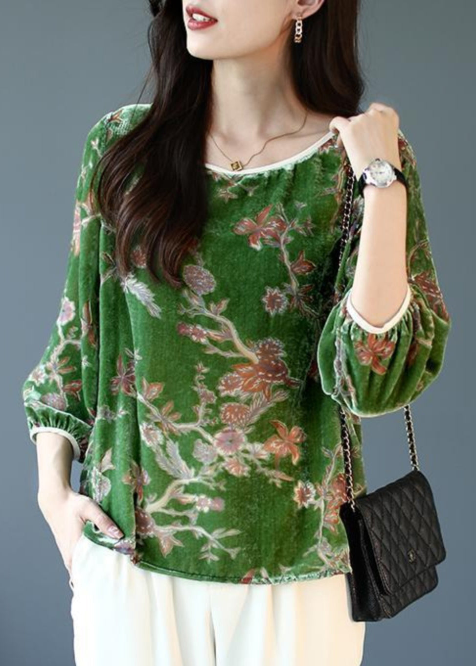 Art Green U Neck Print Silk Velour T Shirts Bracelet Sleeve