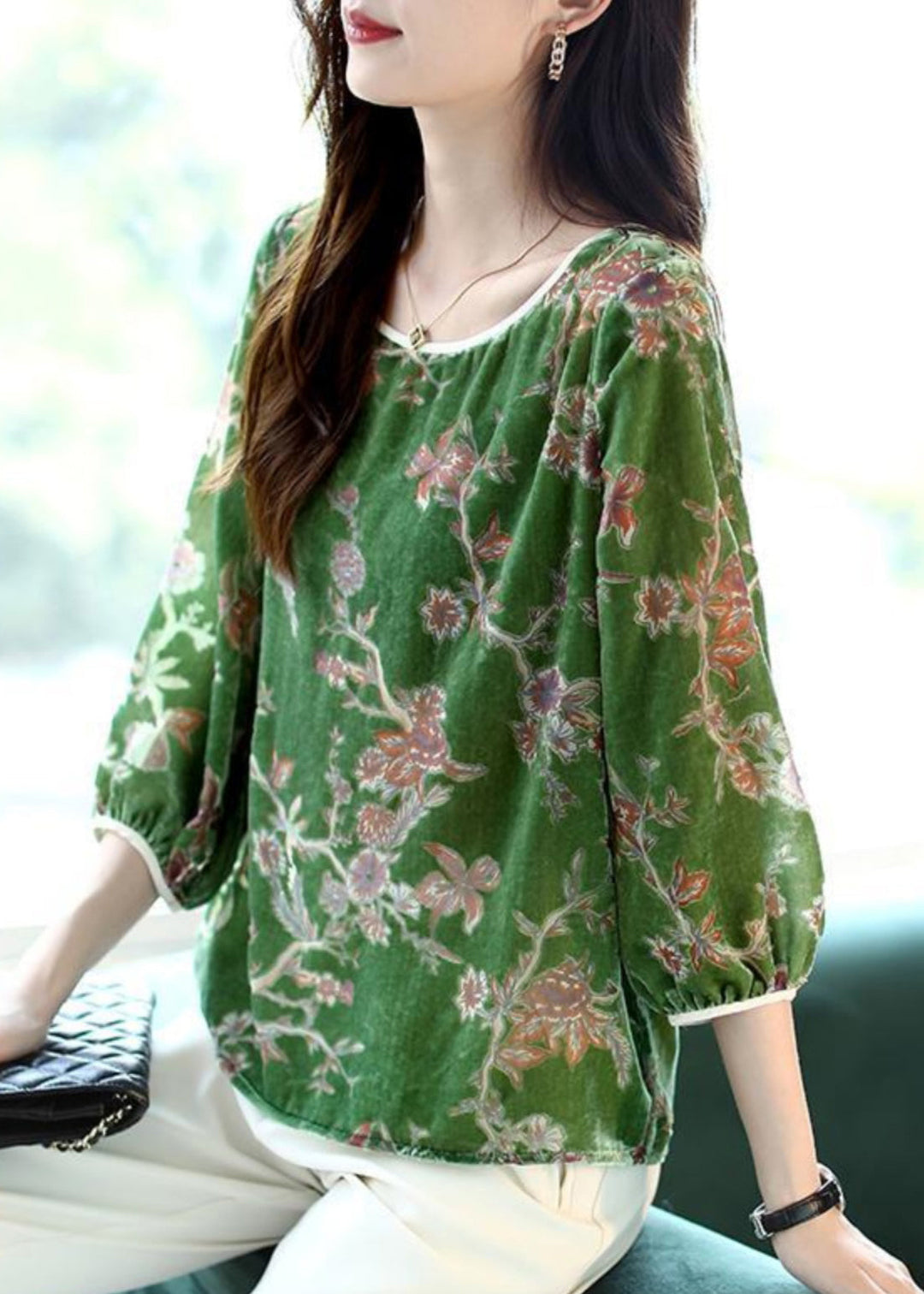Art Green U Neck Print Silk Velour T Shirts Bracelet Sleeve