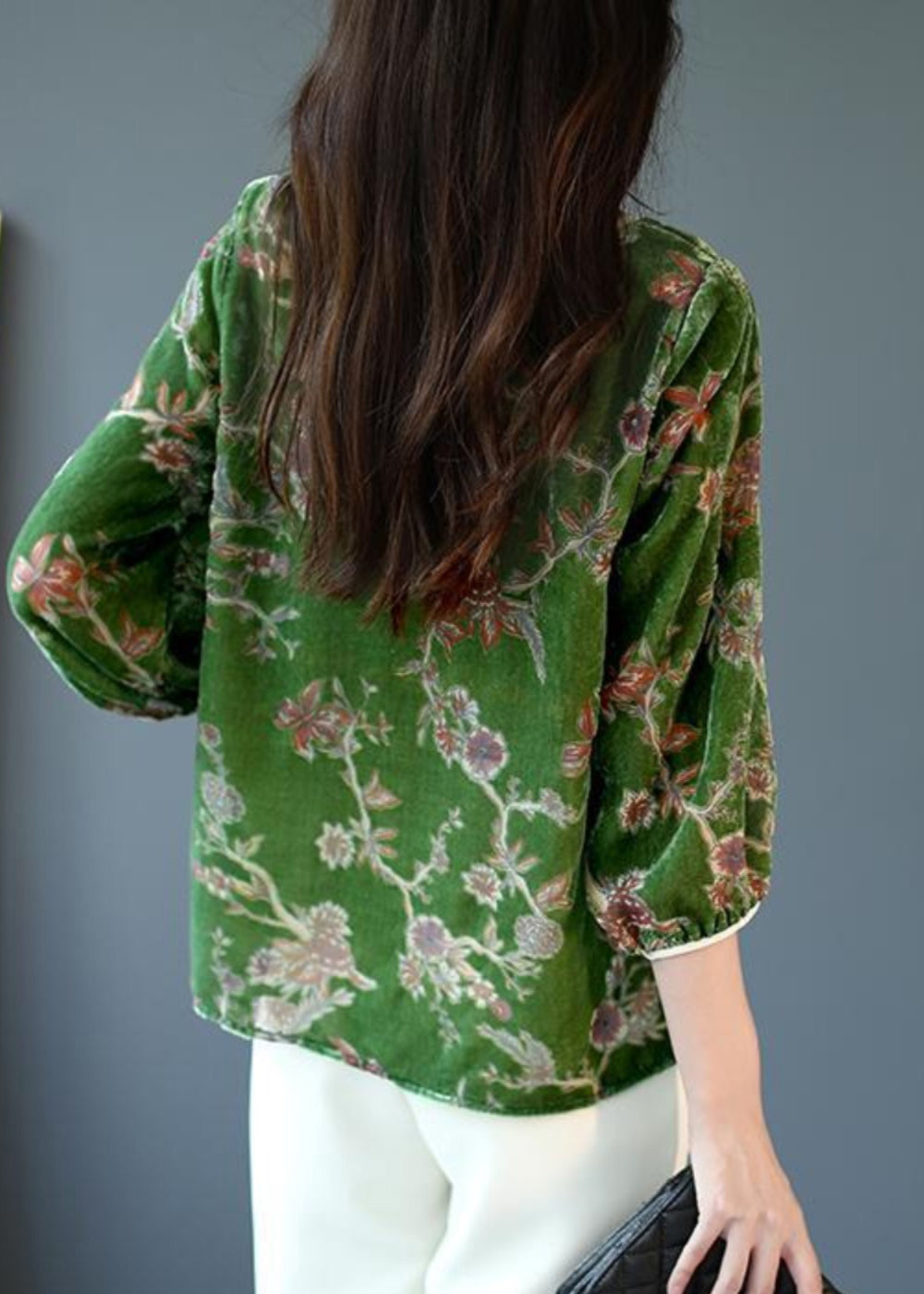 Art Green U Neck Print Silk Velour T Shirts Bracelet Sleeve