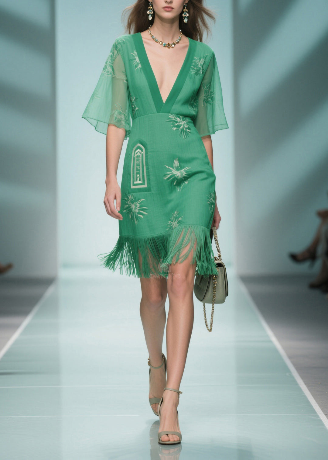 Art Green V Neck Tasseled Patchwork Cotton Dress Summer