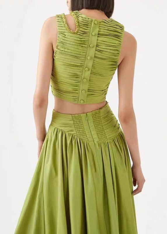 Art Green Wrinkled Hollow Out Cotton Two Piece Set Sleeveless