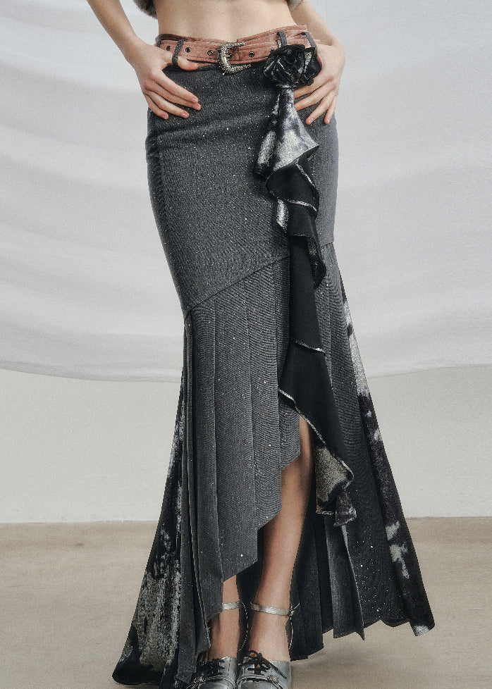 Art Grey Asymmetrical Wrinkled Cotton Skirts Fall