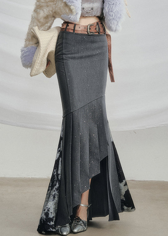 Art Grey Asymmetrical Wrinkled Cotton Skirts Fall