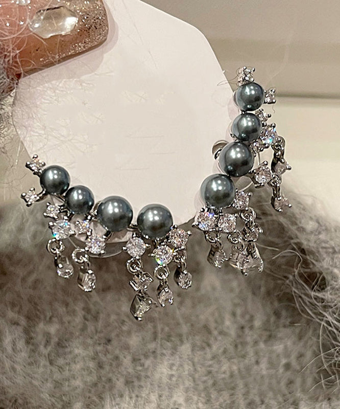 Art Grey Copper Overgild Zircon Pearl Stud Earrings