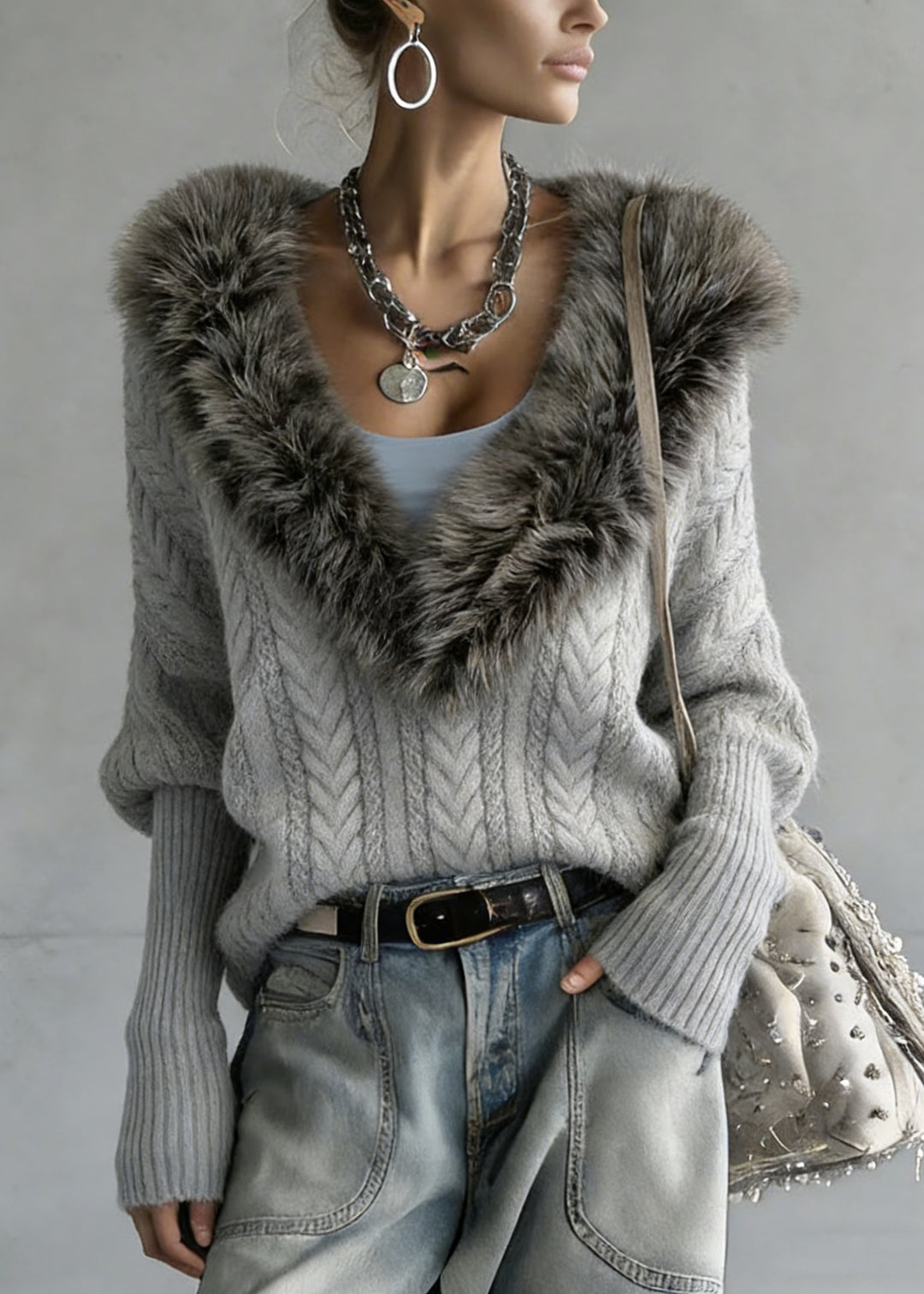 Art Grey Fur Collar Patchwork Cable Knit Sweater Batwing Sleeve