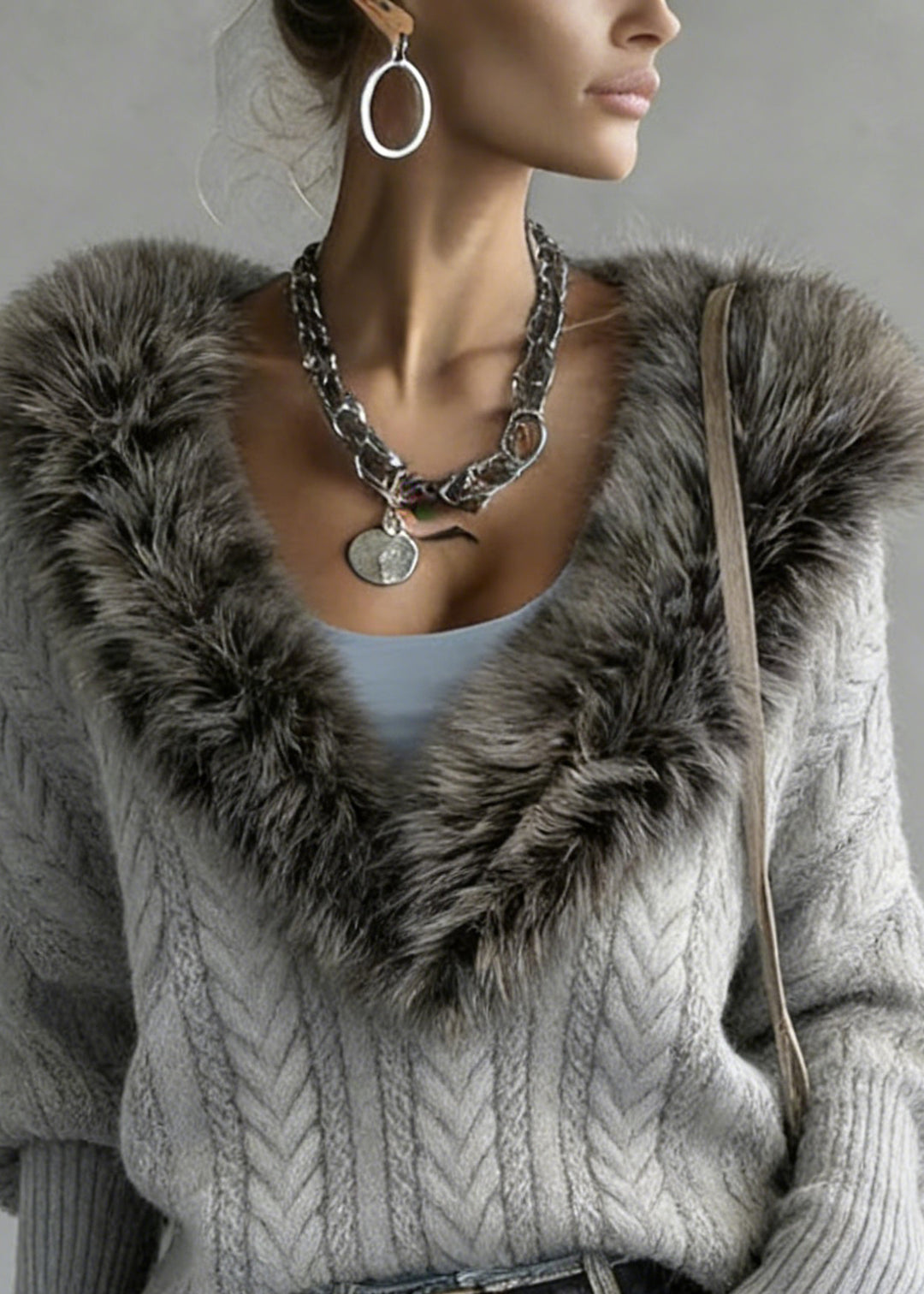 Art Grey Fur Collar Patchwork Cable Knit Sweater Batwing Sleeve