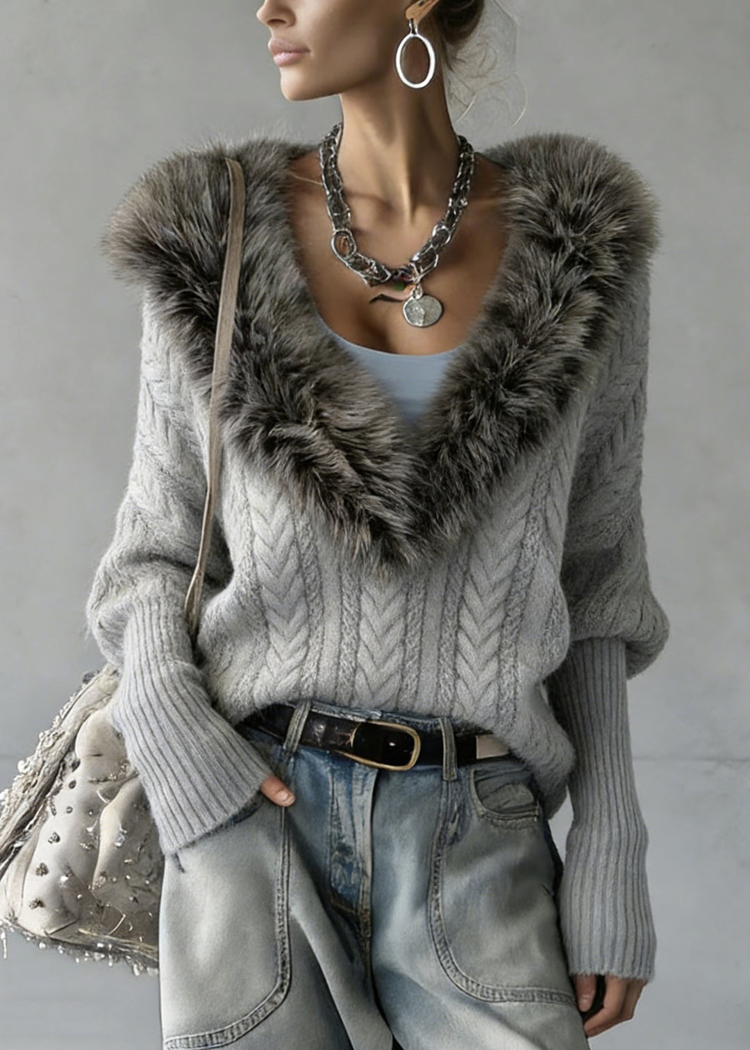 Art Grey Fur Collar Patchwork Cable Knit Sweater Batwing Sleeve