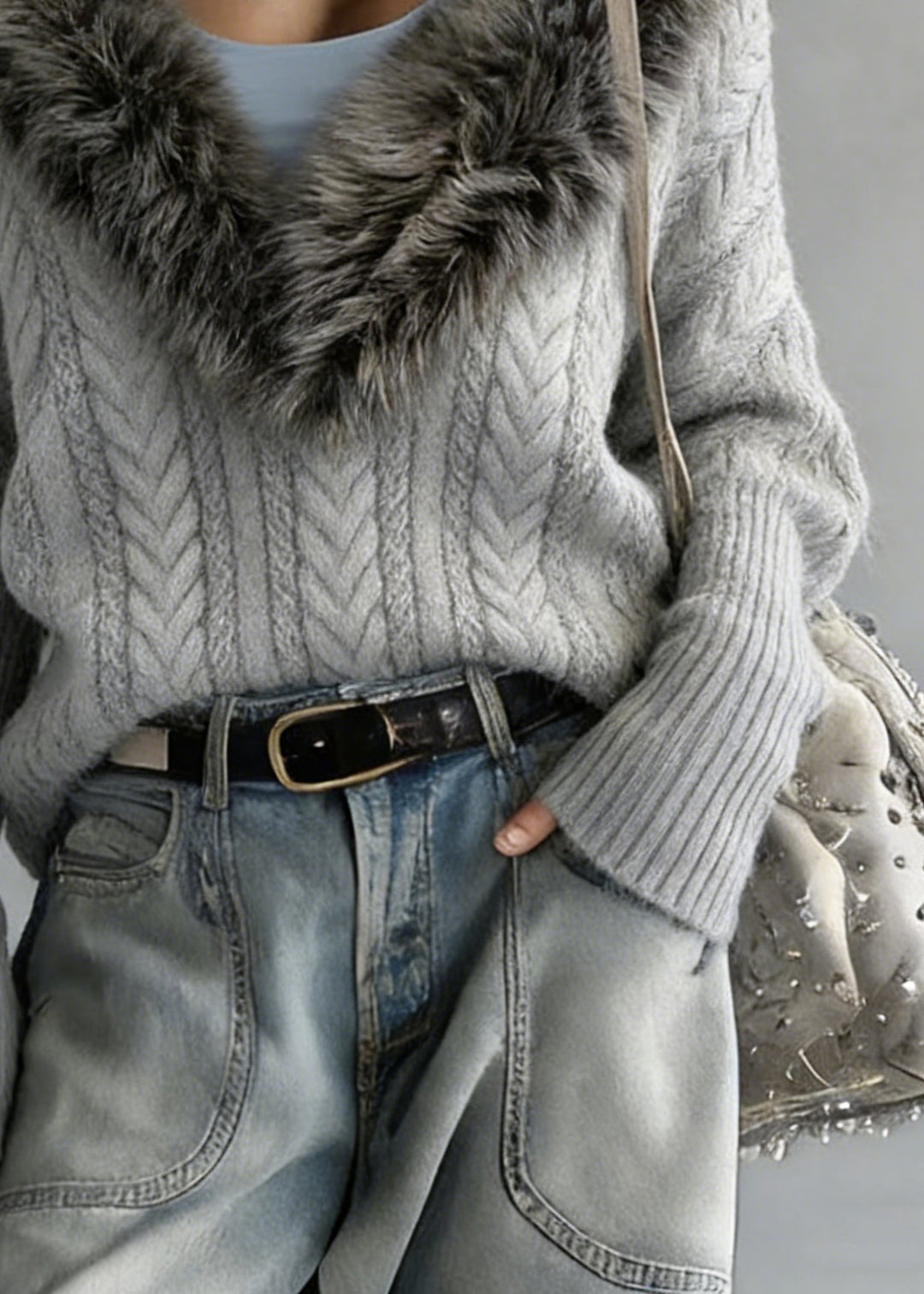 Art Grey Fur Collar Patchwork Cable Knit Sweater Batwing Sleeve