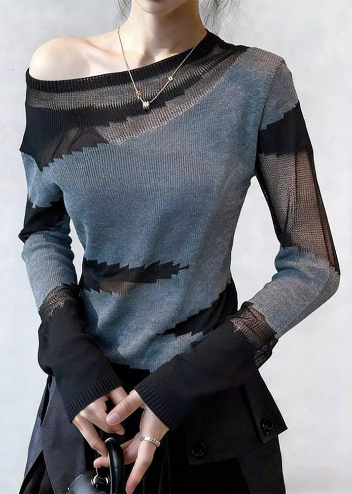 Art Grey Hollow Out Patchwork Thin Knit T Shirts Spring
