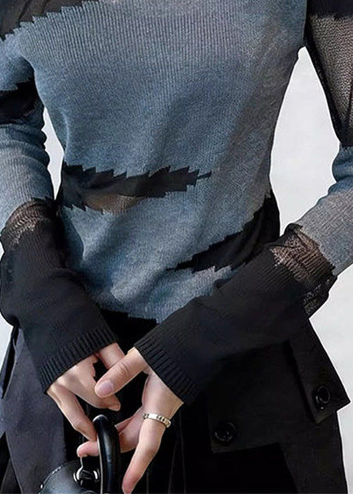 Art Grey Hollow Out Patchwork Thin Knit T Shirts Spring