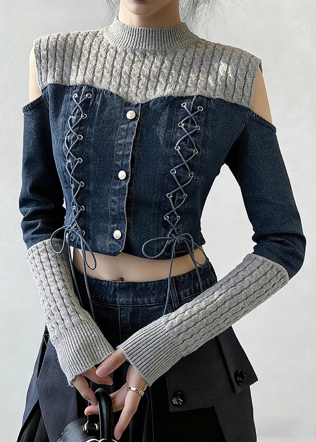 Art Grey Lace Up Blue Patchwork False Two Pieces Tops Spring