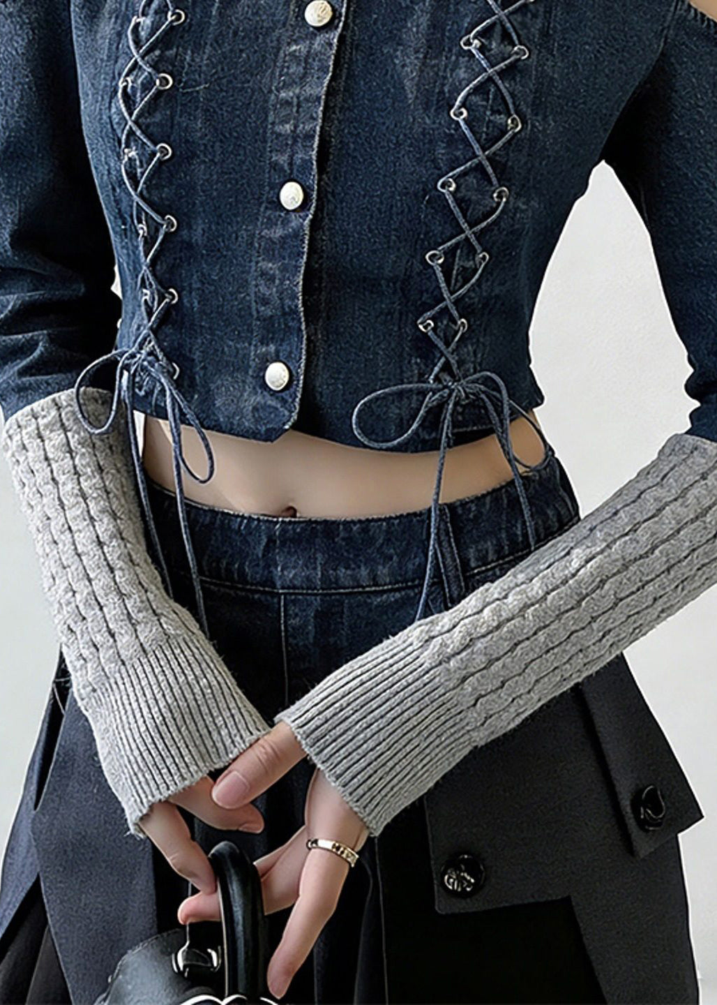 Art Grey Lace Up Blue Patchwork False Two Pieces Tops Spring