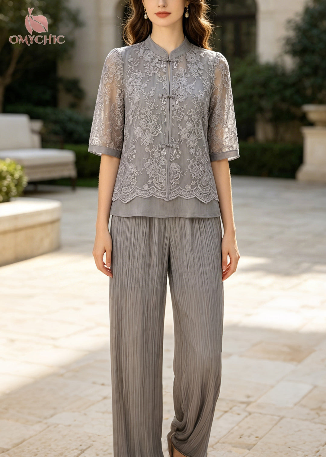 Art Grey Mandarin Collar Patchwork Lace Two Piece Set Outfits Summer