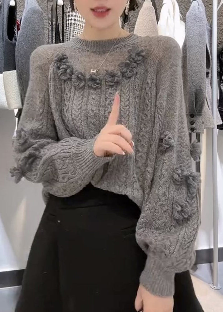 Art Grey O-Neck Floral Cable Knit Sweater Winter