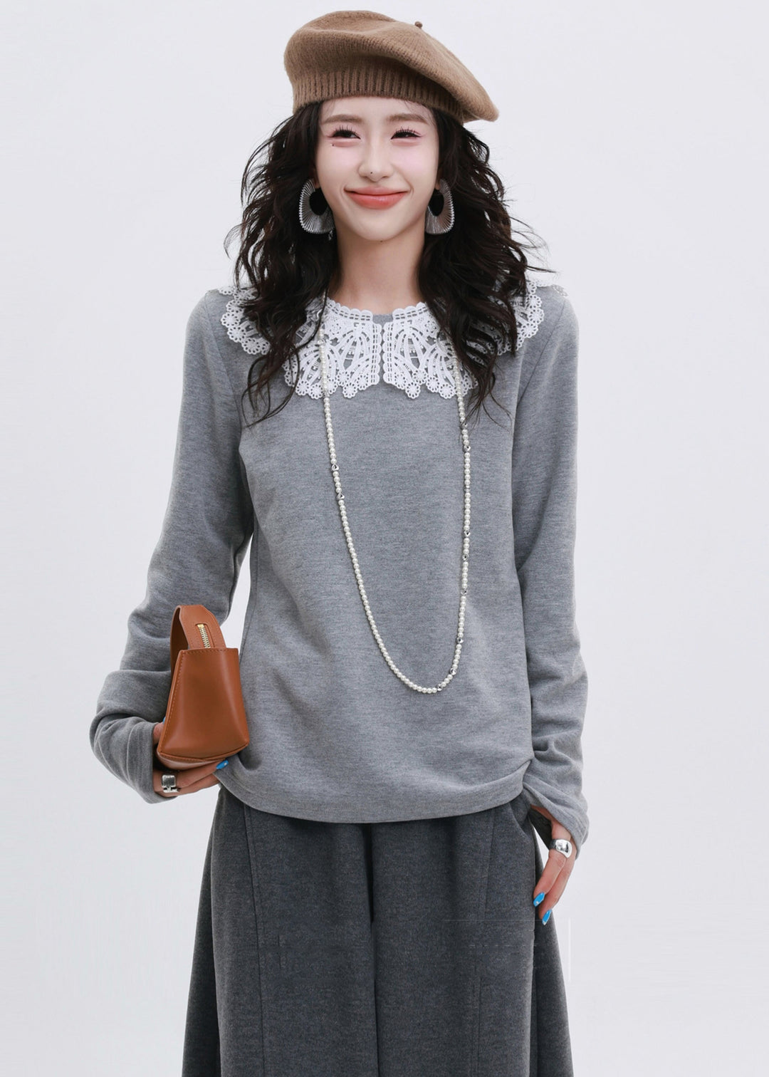 Art Grey O-Neck Patchwork Lace Cotton Shirt Spring