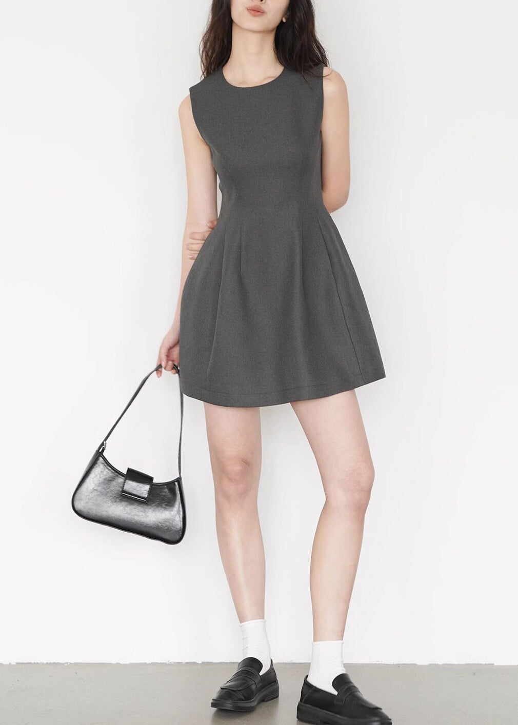 Art Grey O-Neck Silm Fit Cotton Work Dresses Sleeveless