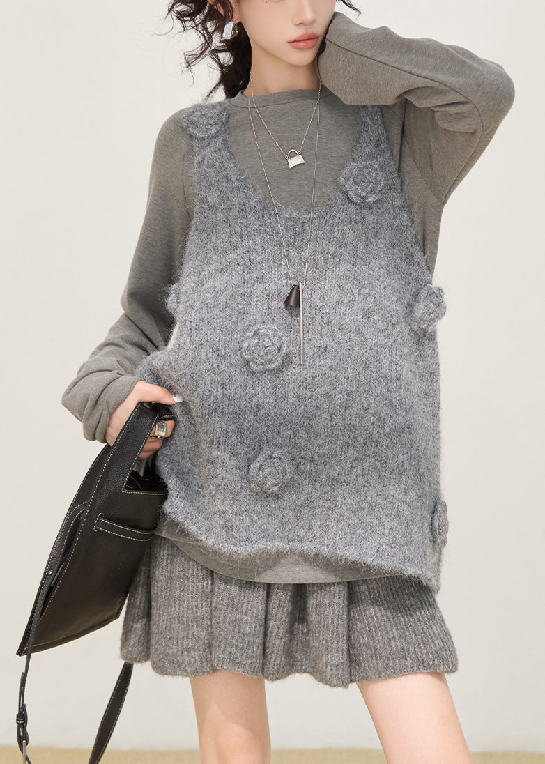 Art Grey Oversized Floral Knit Vests Winter