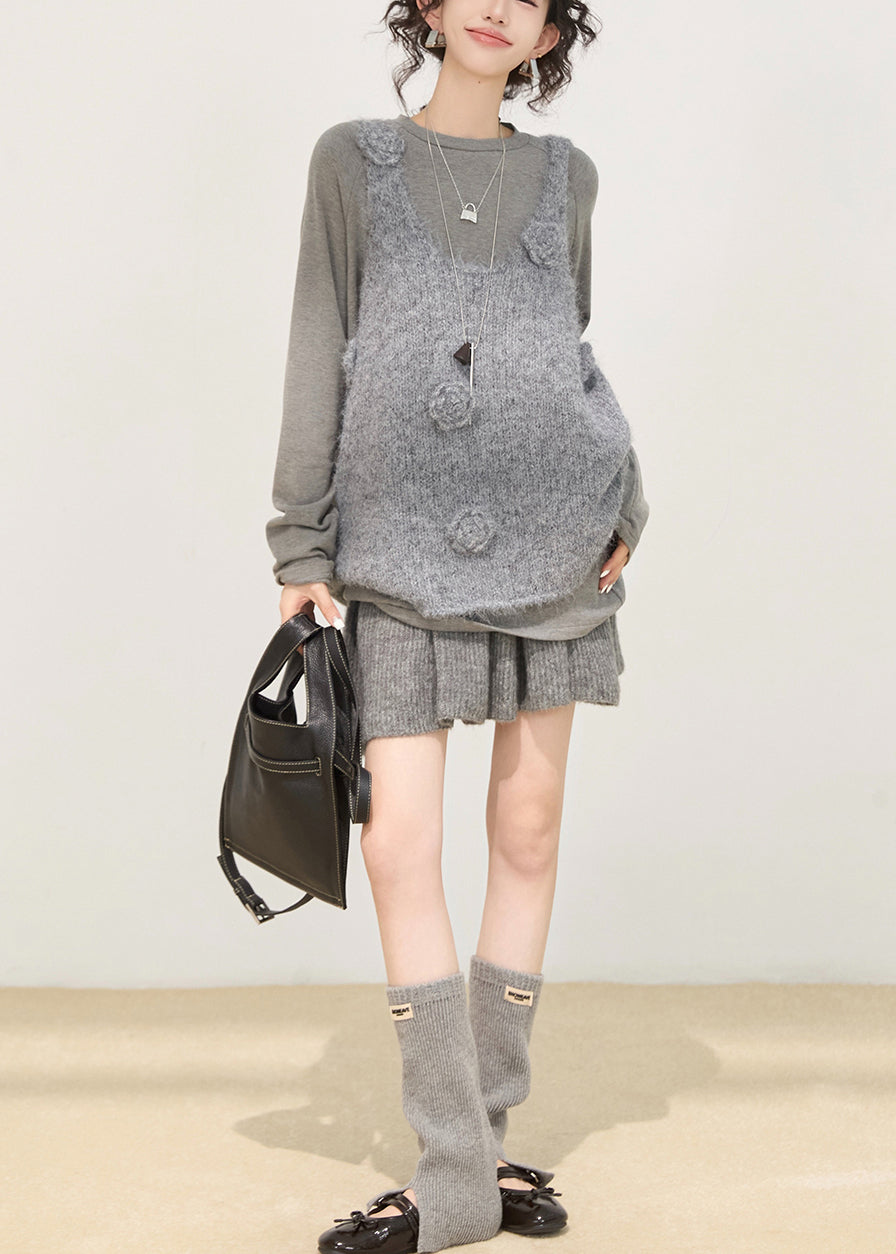 Art Grey Oversized Floral Knit Vests Winter