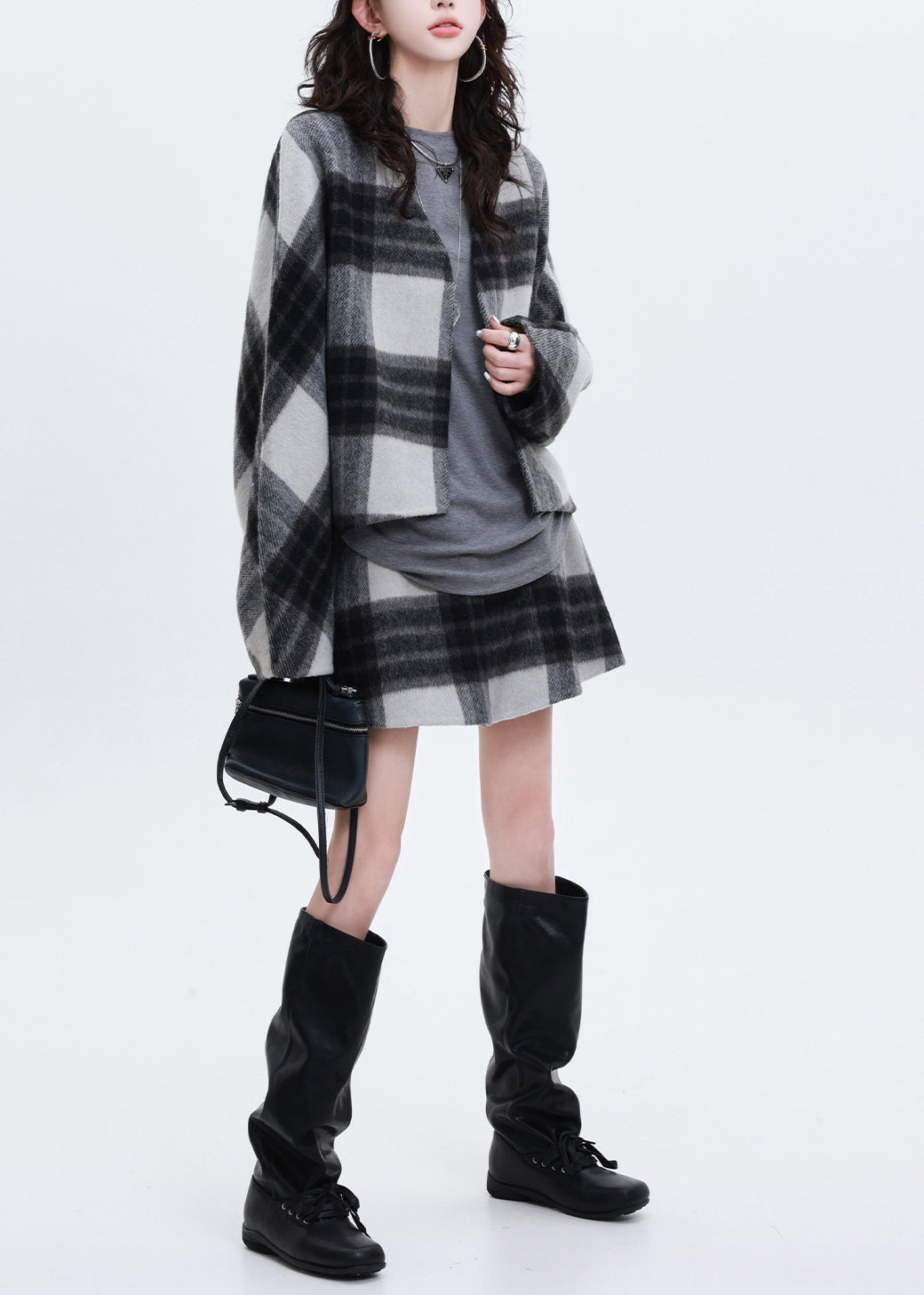 Art Grey Oversized Plaid Woolen Coats And Skirts Two Pieces Set Spring