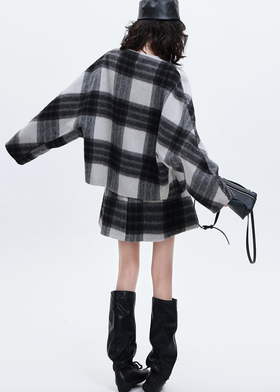 Art Grey Oversized Plaid Woolen Coats And Skirts Two Pieces Set Spring