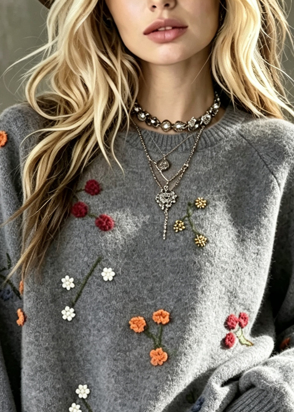 Art Grey Oversized Strawberry Thick Knit Sweater Winter