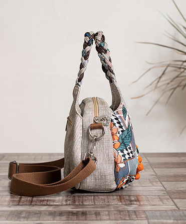 Art Grey Patchwork Fuzzy Ball Decorated Cotton Tote Handbag