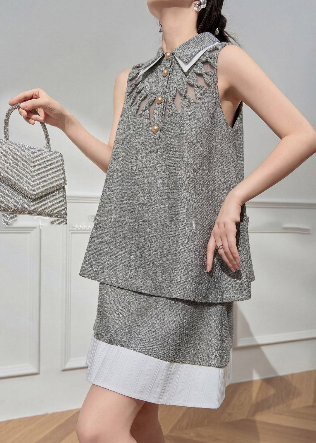 Art Grey Peter Pan Collar Hollow Out Top And Skirts Two Pieces Set Summer
