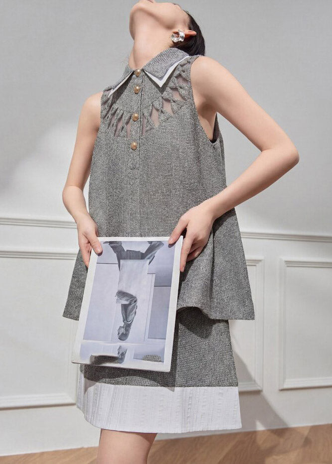 Art Grey Peter Pan Collar Hollow Out Top And Skirts Two Pieces Set Summer