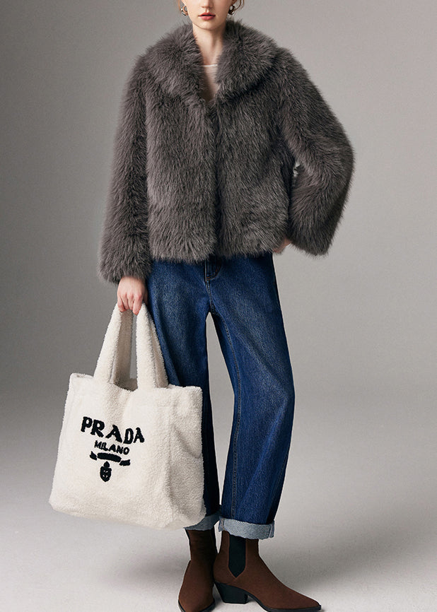 Art Grey Peter Pan Collar Warm Faux Fox Fur Coats Winter