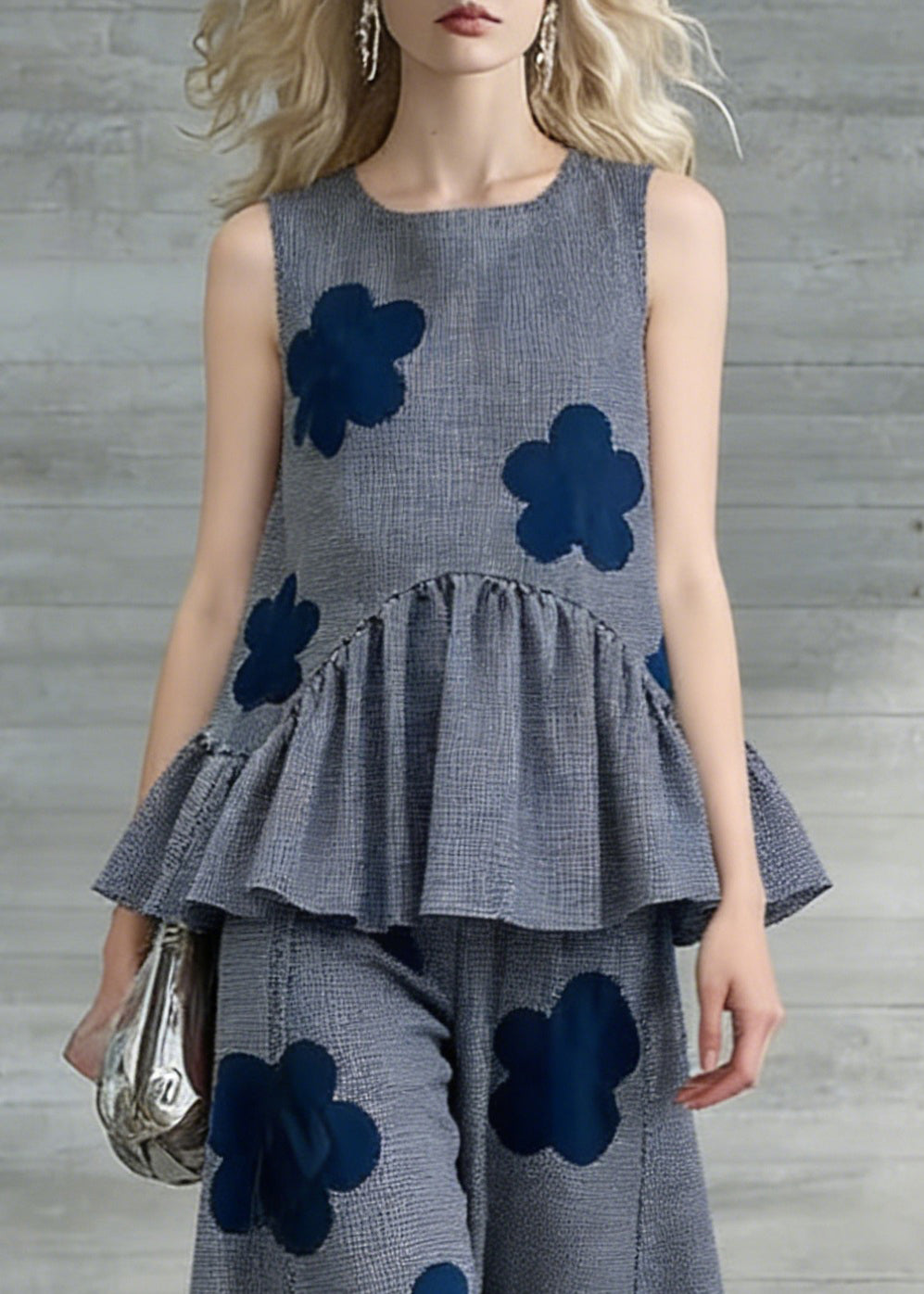 Art Grey Plaid Floral Tops And Crop Pants Two Pieces Set Sleeveless - Omychic