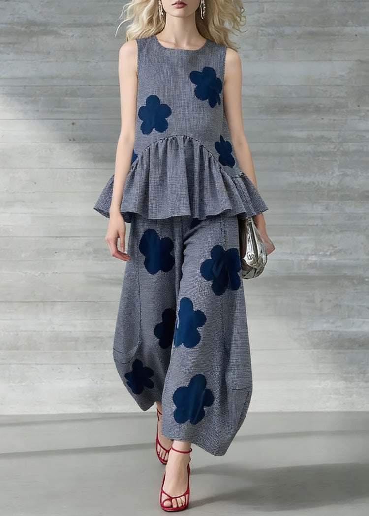 Art Grey Plaid Floral Tops And Crop Pants Two Pieces Set Sleeveless - Omychic